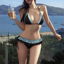 European And American Style Two-Piece Polka-Dot Contrasting Color Ruffle-Trimmed Spliced Lace-Up Backless Swimsuit