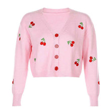 Long sleeve V-neck Straight Cherry Embroidered Cardigan Ssweater