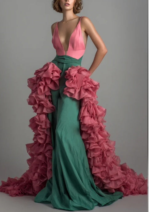 Two-Tone Deep V Gown With Detachable Cascading Ruffle Train by Mirlaine Univers