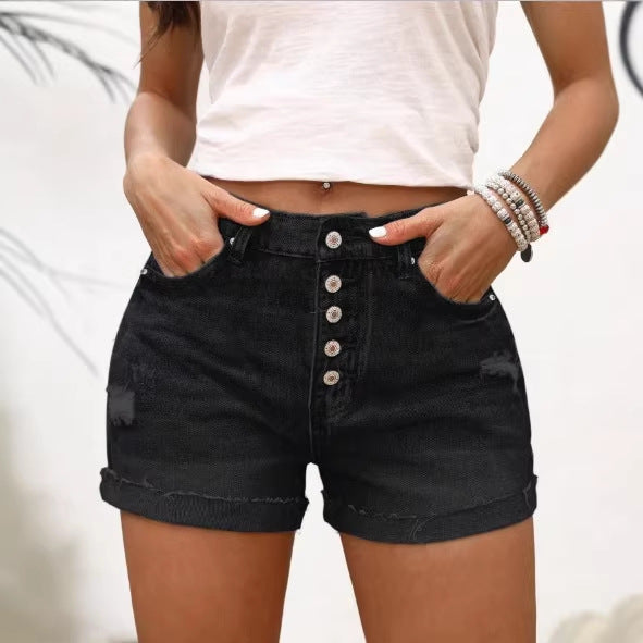 Short en jean taille haute, coupe slim et jambe droite avec quatre boutons