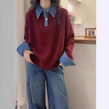 Women's Denim Sleeve Stitching Fake Two Pieces Sweaters Coat New Loose