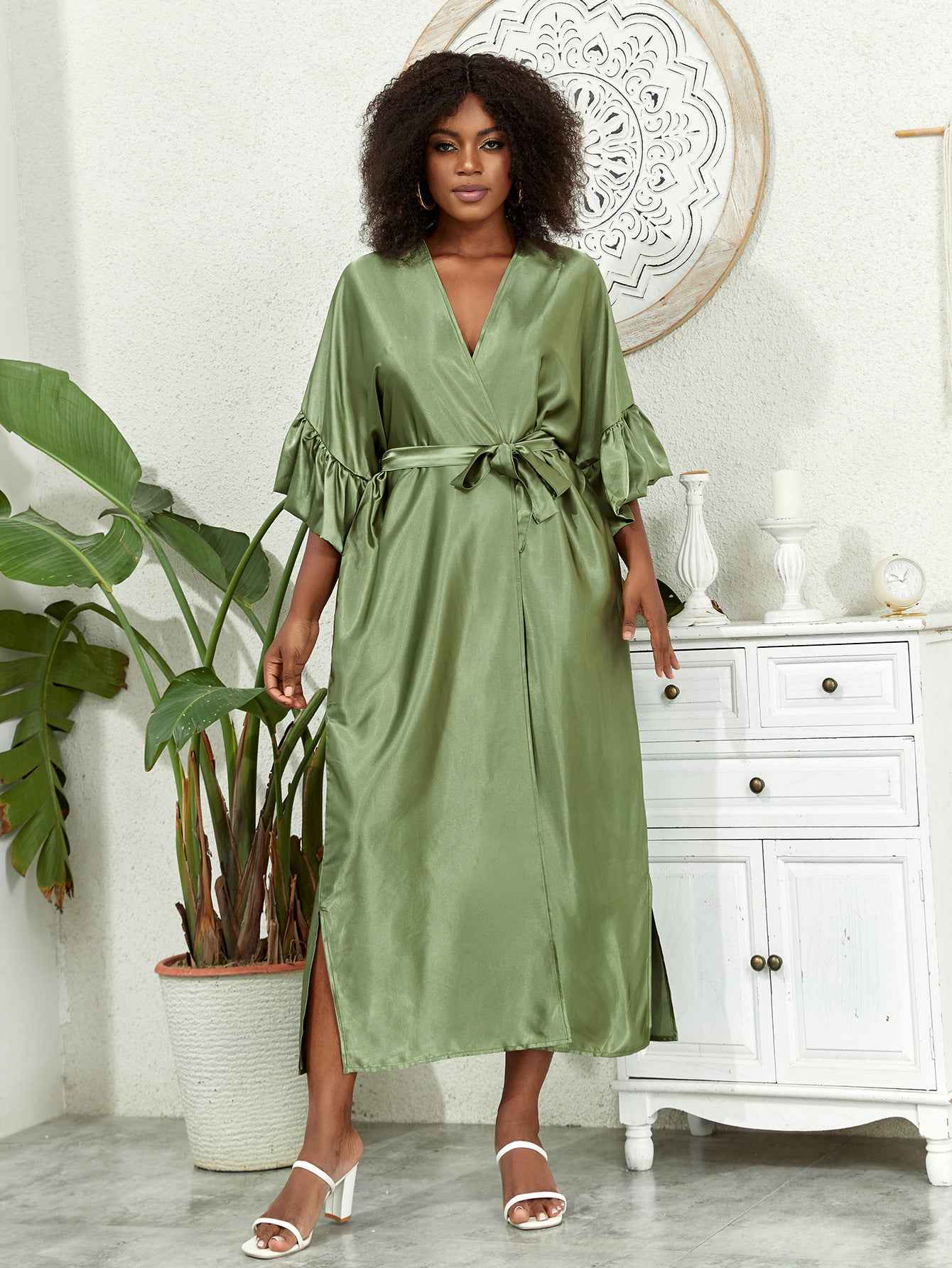Women's Fashion Plus-Size Satin Long-Sleeve Dress