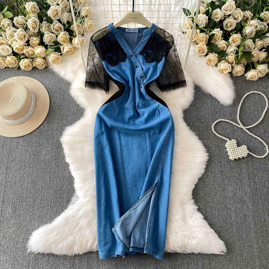 Cross V-neck Lace Stitching Dress
