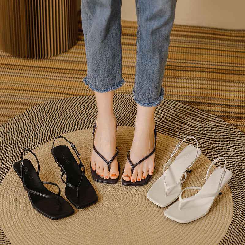 Soft Leather Square Toe High Heel Sandals For Women Summer