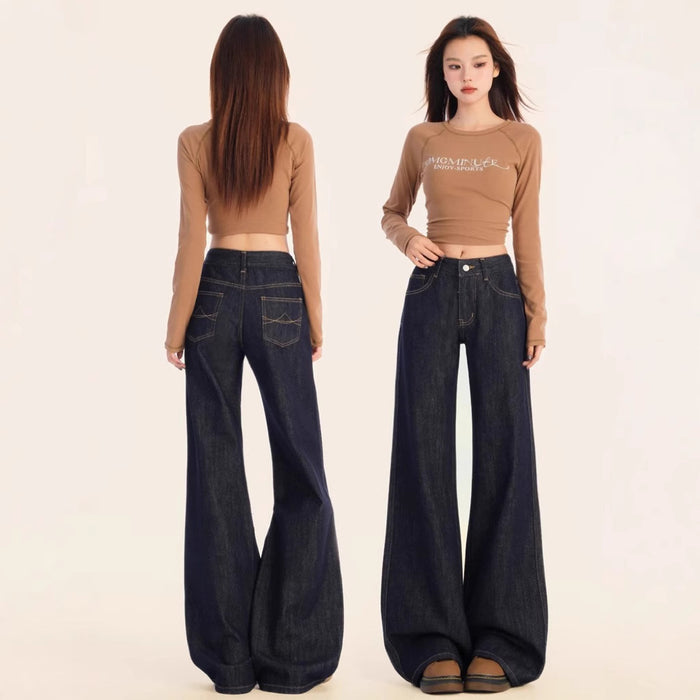 American-Style Dark Blue Low-Waist Flared Jeans For Women