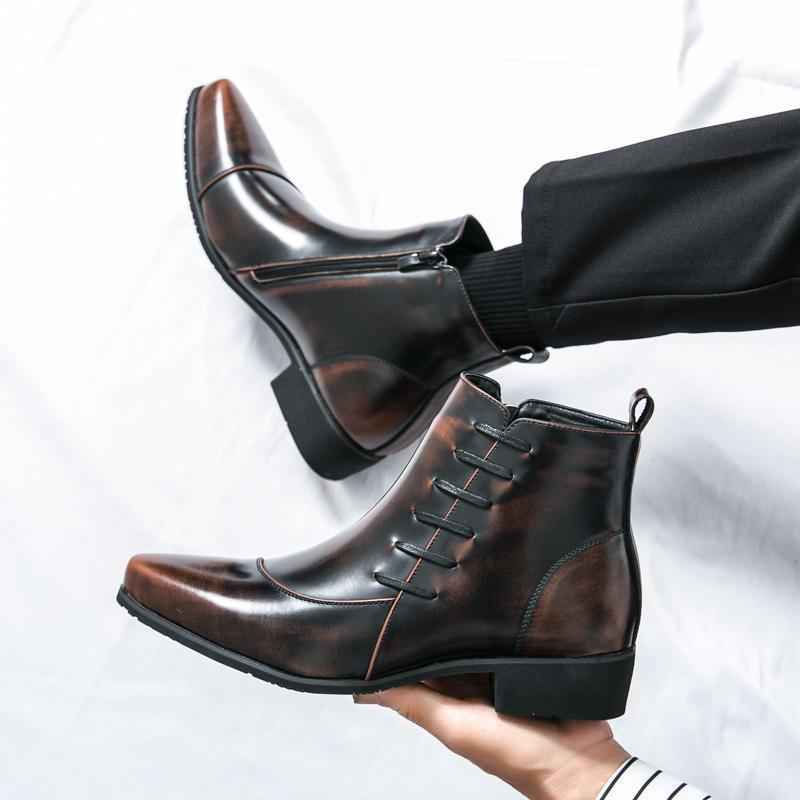 Large Size High-top Shoes Side Zipper Color Matching Leather Shoes Men's British Style