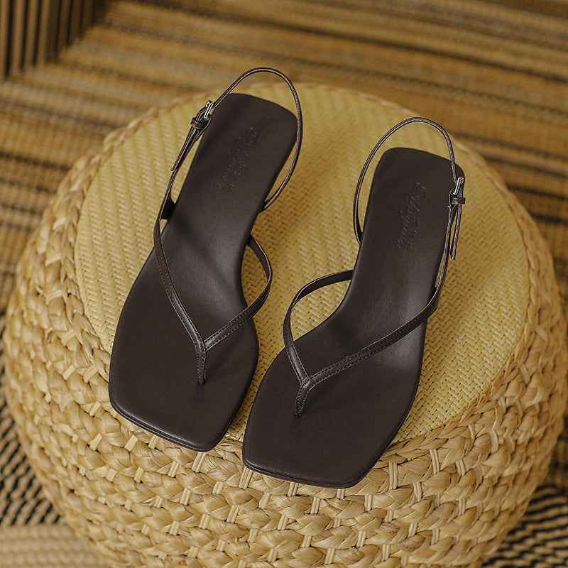 Soft Leather Square Toe High Heel Sandals For Women Summer