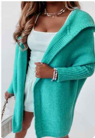 Bat Sleeve Hooded Cardigan Oversized Loose Temperament Solid Color Sweater Womens Clothing