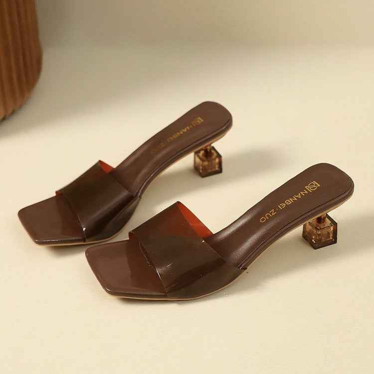 French Style Crystal Thin Heel Square Toe One-Strap Sandals For Women, New Transparent High Heel Slide Sandals Outdoor Wear