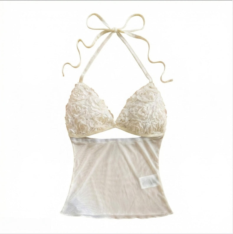 3D Floral Hollow Halter Neck Top Womens Summer Beach Wear