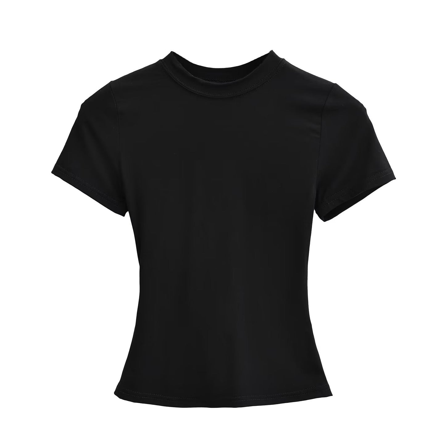 Solid Color Small Round Neck Elastic Shoulder Short Sleeve T-shirt Basic Style Waist-tight by Mirlaine Univers
