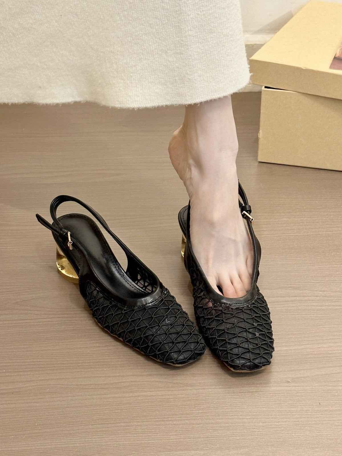 Square Toe Woven Toe Cap Slingback Sandals Women
