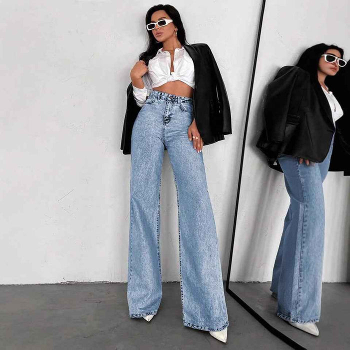 Jean droit pour femme, coupe ample et amincissante, style décontracté à jambes larges