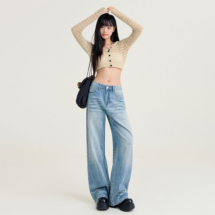 Womens Light-blue Washed Wide-leg Jeans