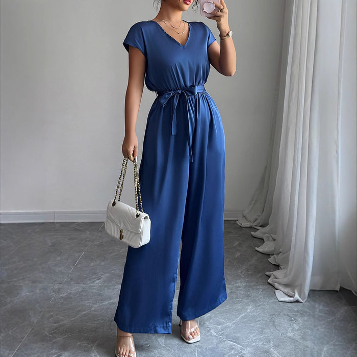Combinaison femme mode à col en V profond et jambes larges taille haute