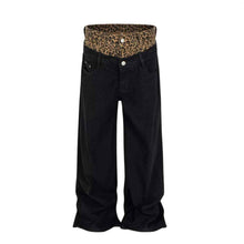 American-style Vintage Leopard-print Patchwork Faux Two-piece Jeans