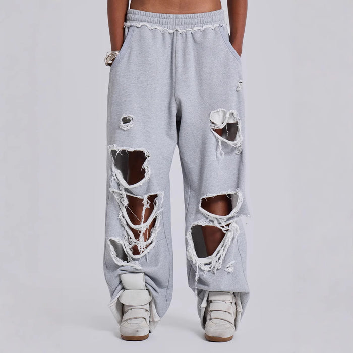 Pantalon large décontracté à trous effet usé