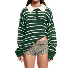 American Retro Preppy-Style Color-Block Striped Lapel Knit Sweater