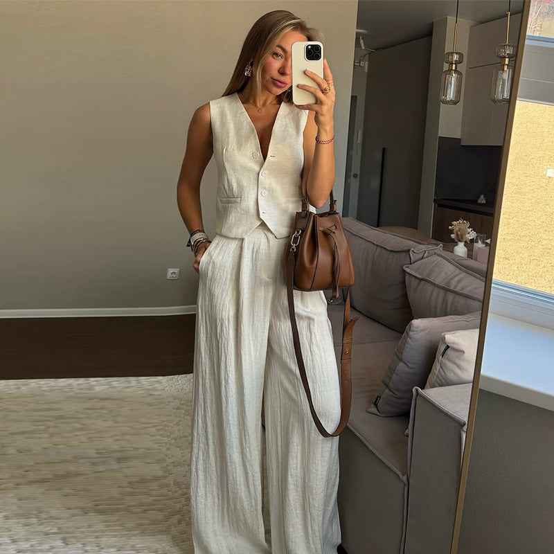 Simple And Elegant Vest Top High-Waist Wide-Leg Pants Casual Suit