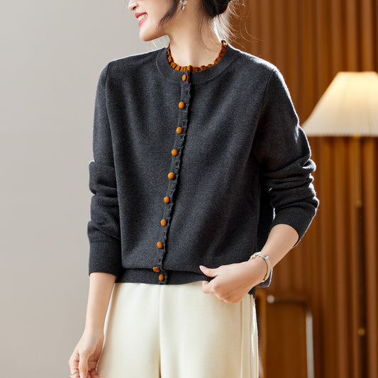 Ribbed Trim Contrast-Colored Crew-Neck Knit Sweater Womens Long Sleeve by Mirlaine Univers