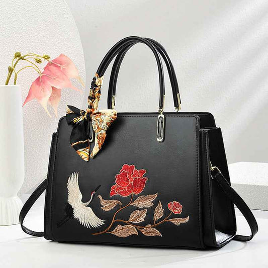 Womens New Chinese-Style National-Flair Embroidered Crane Fashion Crossbody Tote Bag