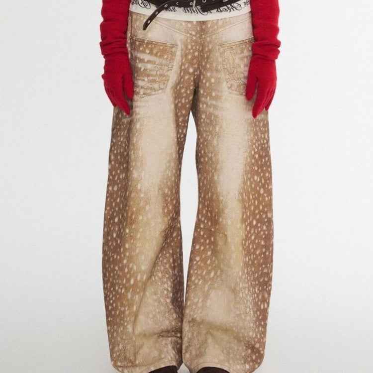 Retro Plus-size Distressed Faux-Aged Deer Print Denim Jeans