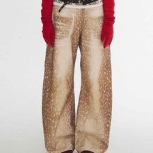 Retro Plus-size Distressed Faux-Aged Deer Print Denim Jeans