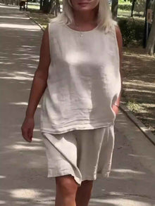 Women's Cotton-Linen Crew-Neck Sleeveless Casual Set