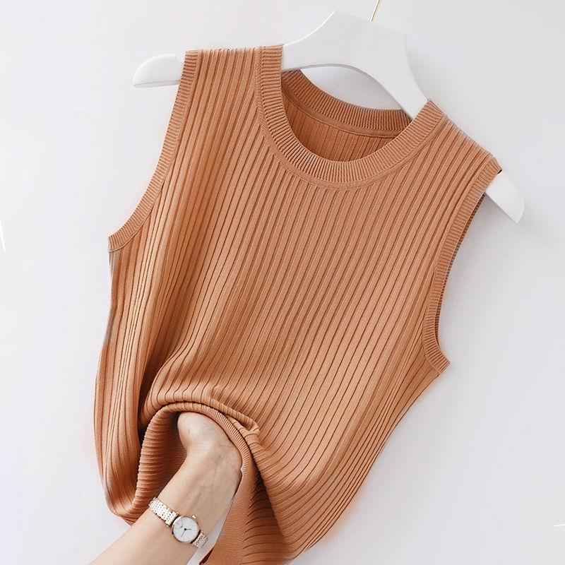 Women's Summer Ice Silk Round Neck Camisole Vest Knitted Bottoming Shirt