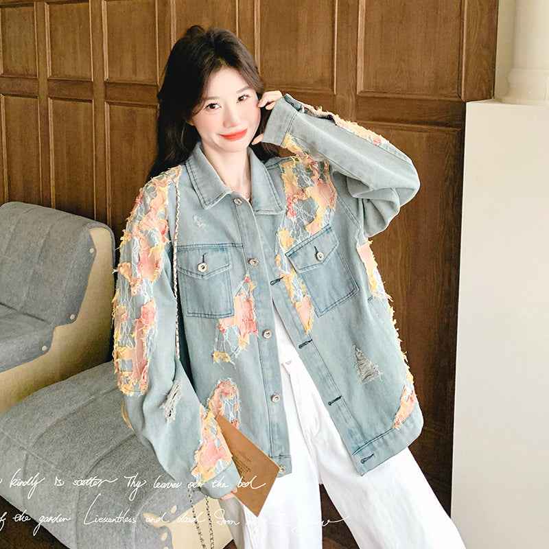 Fashionable Patchwork Distressed Short Jacket