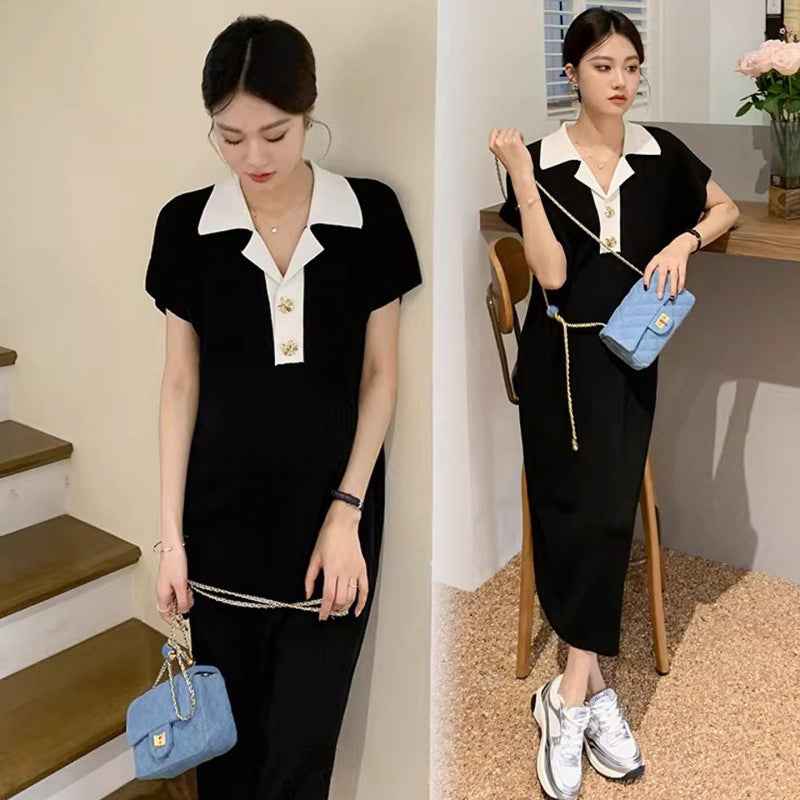Artistic Korean-style Fashionable Elegant Lapel Maternity Dress