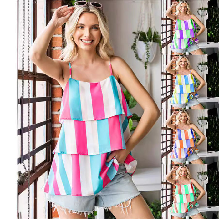 Womens Striped Pleated Layered Camisole Spaghetti Straps