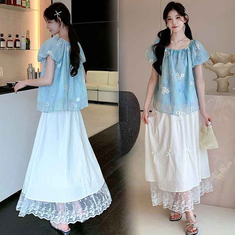 Sweet Blue Embroidered Anti-Peep Top And White Skirt Set