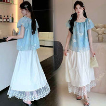 Sweet Blue Embroidered Anti-Peep Top And White Skirt Set