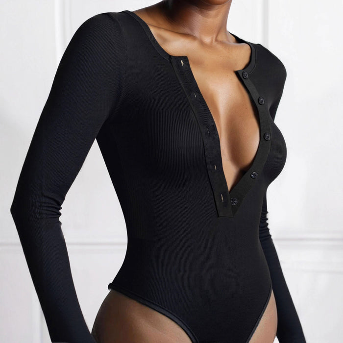 Body femme uni sexy ajusté à côtes avec boutons et manches longues