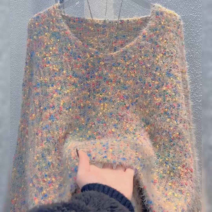 Women's V-neck Pullover Short Colorful Polka Dot Sweater