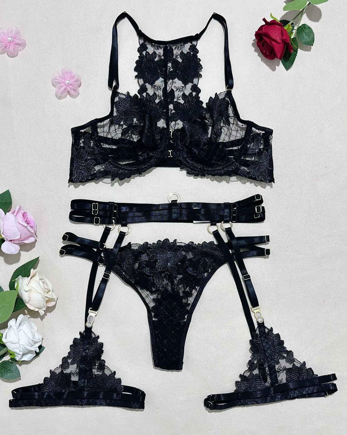 New Style Fashionable High-Complexity Embroidery Cross-Tie Push-Up Bra Set With Underwired Cups 4-Piece Set