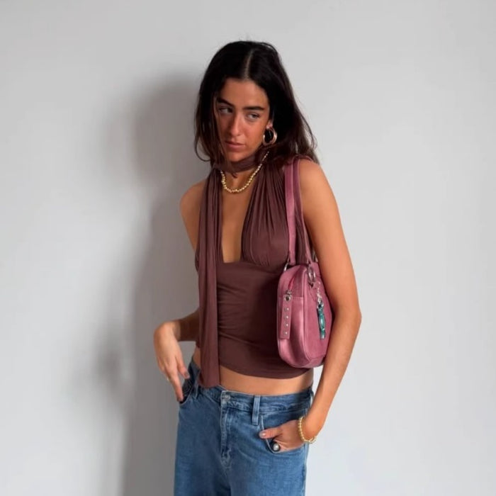 Dark Brown V Neck Halter Top Vest Cotton For Women