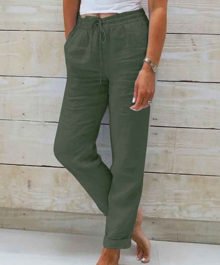 Elastic Waist Solid Cotton Hemp Pants