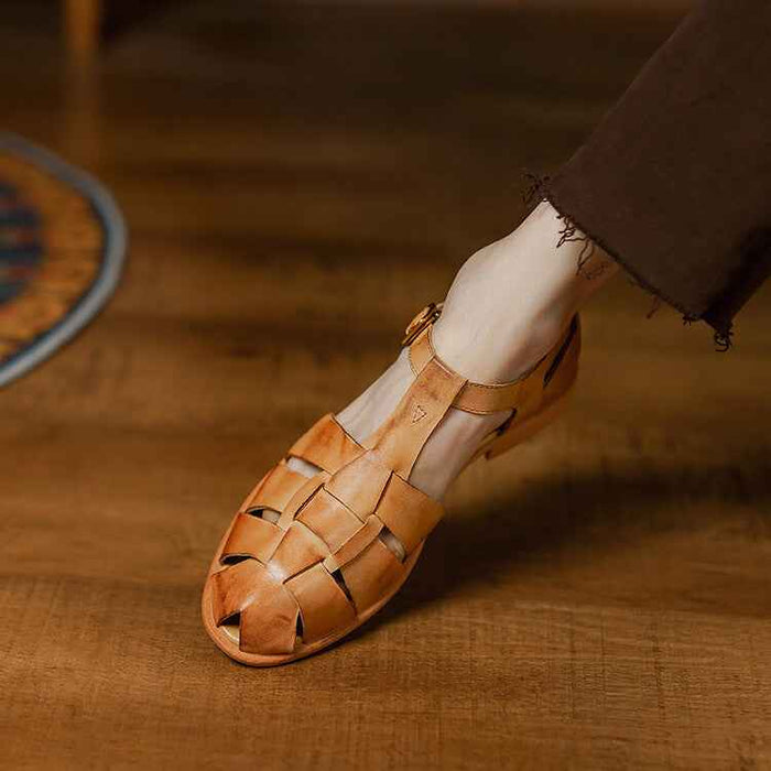 Sandales romaines rétro à talon bloc et bout fermé pour femme, chaussures d'été à petit talon
