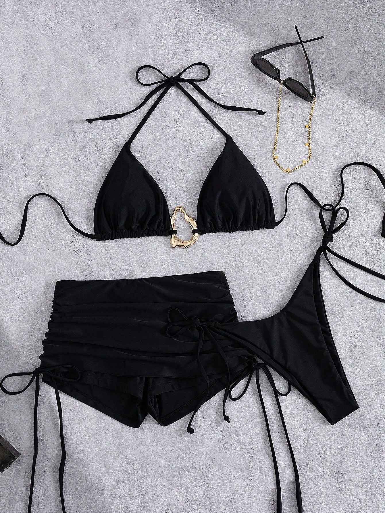 European And American Style Three-Piece Bikini Set Retro Solid-Color Lace-Up Womens Swimsuit