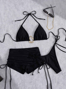 European And American Style Three-Piece Bikini Set Retro Solid-Color Lace-Up Womens Swimsuit