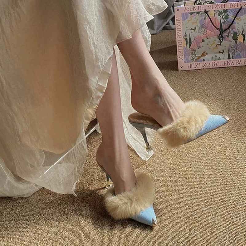 Elegant Fallwinter Furry High-heeled Slide Sandals For Women Perfect For Outdoor Wear