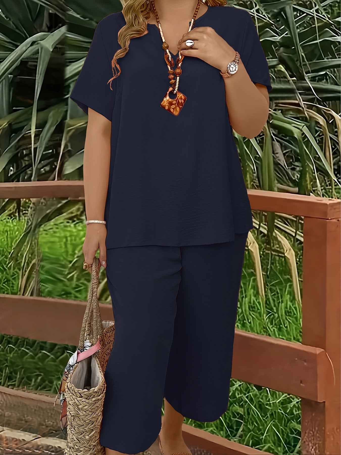 Solid-color V-neck Short-sleeve Top And Wide-leg Pants