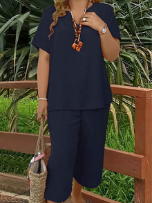 Solid-color V-neck Short-sleeve Top And Wide-leg Pants