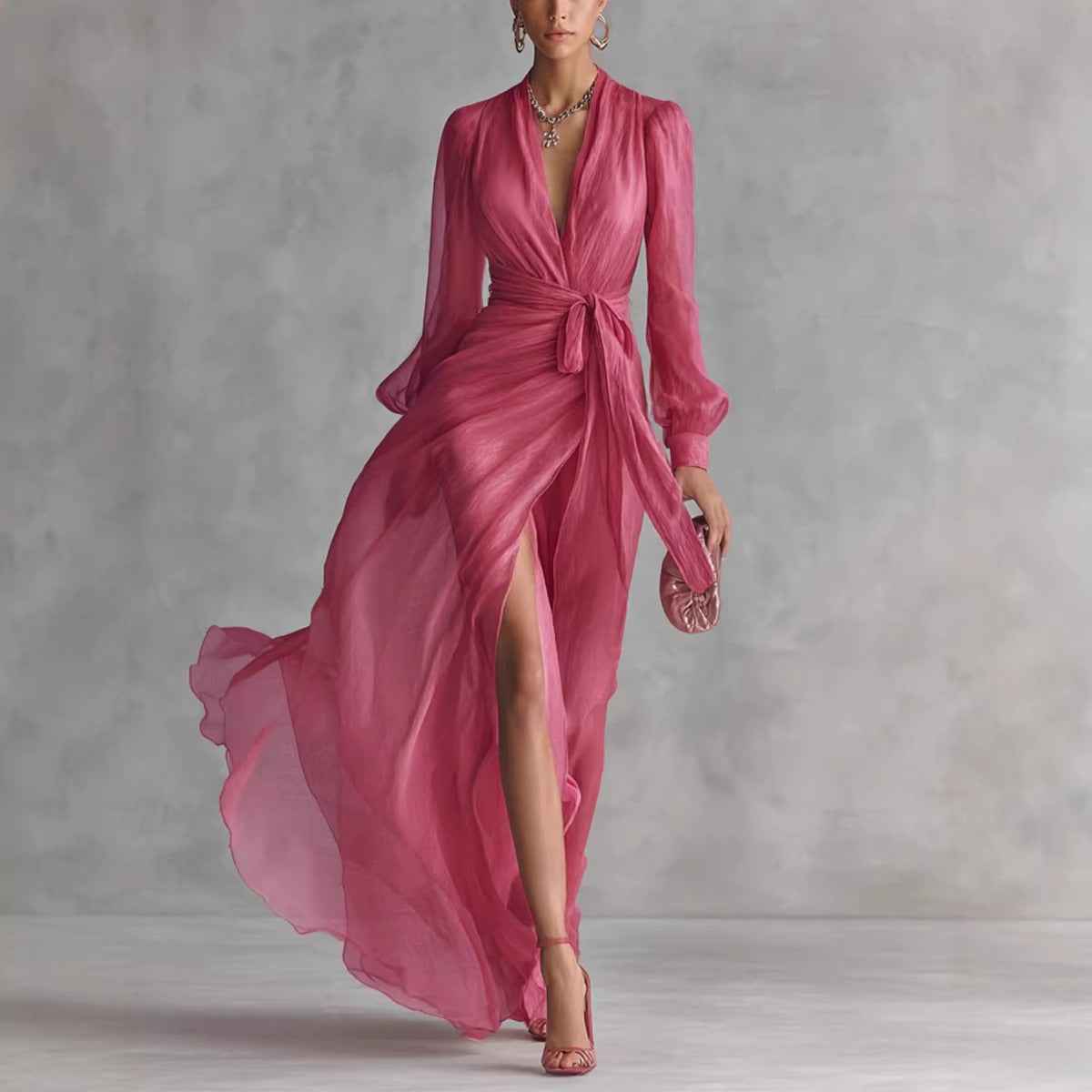 Casual Court-Style V-Neck Lace-Up Puff-Sleeve Dress