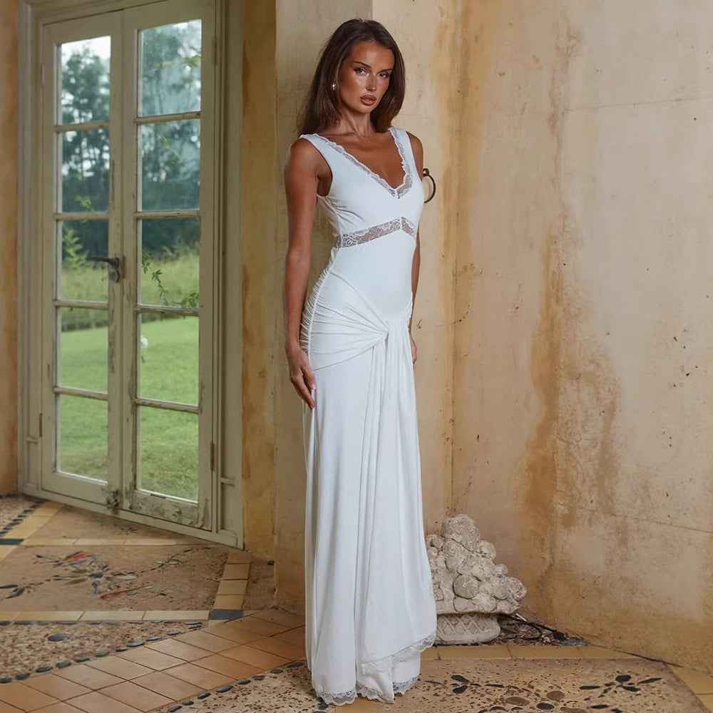 Lace-trimmed V-neck Slim-fit Elegant Chic Long Dress With Ribbons