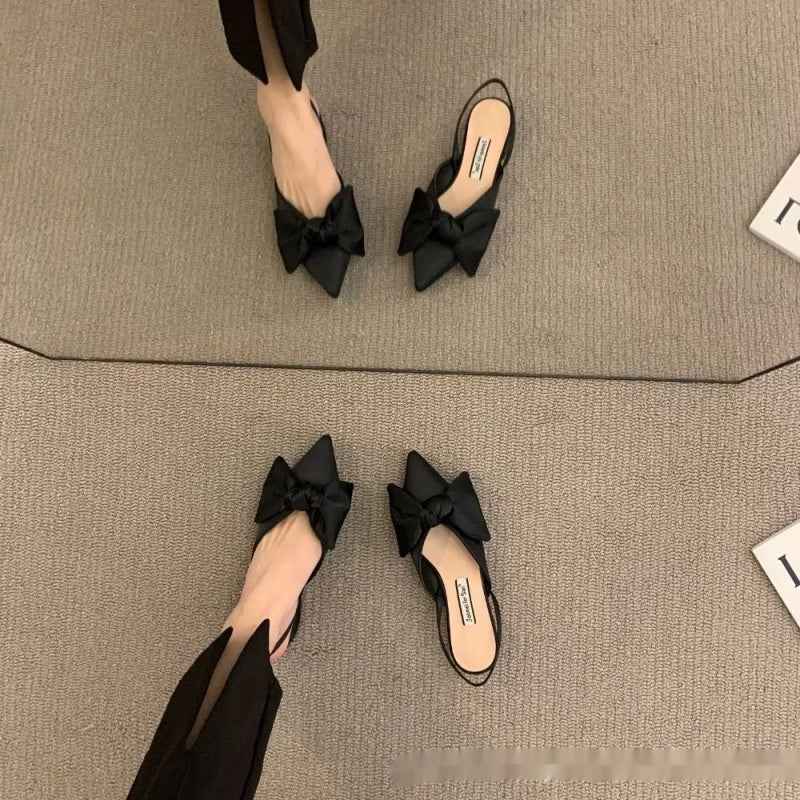 French-style Pointed-toe Bow-embellished Closed-toe Sandals For Women