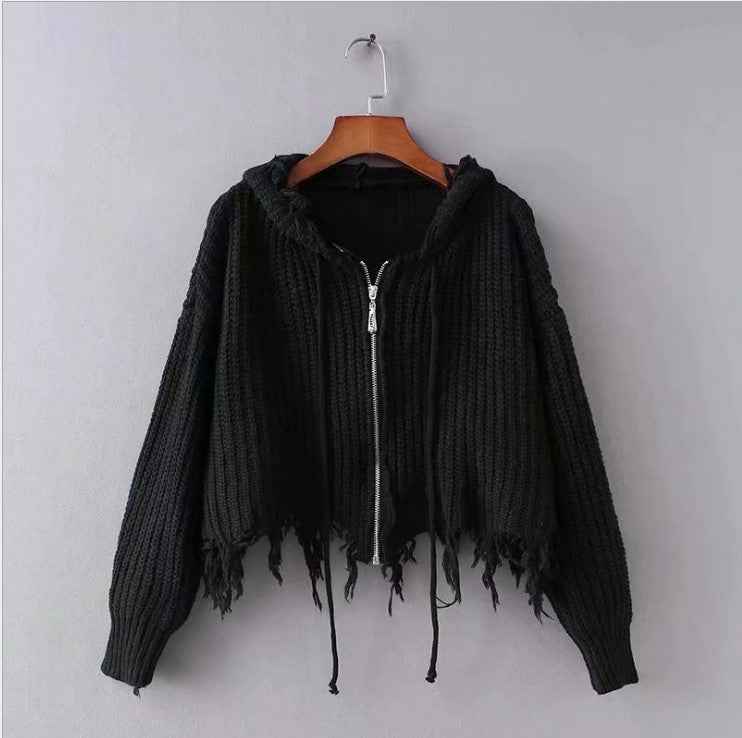 European And American Hooded Tassel Zipper Sweaters Coat