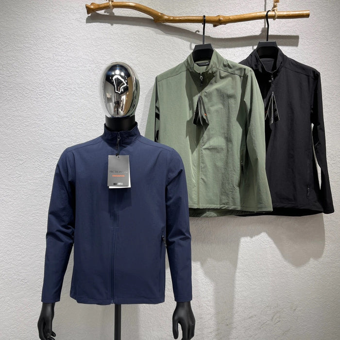 Lightweight Stretch Woven Stand Collar Jacket For Men, Quick Dry Breathable Wind Resistant Zip Coat, Versatile Outerwear For Daily Commute Camping Hiking